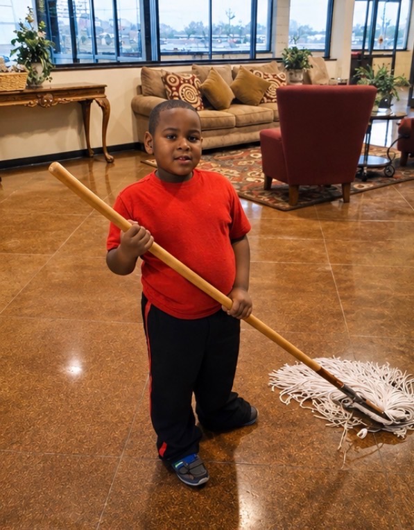 A boy in a red shirt mopping a lobby floor