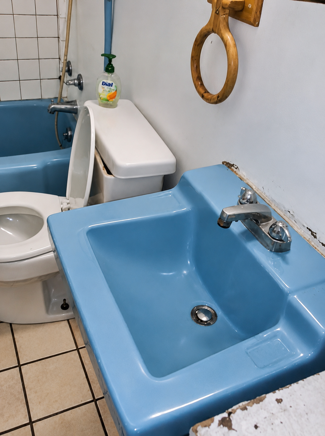 Powder-blue vintage bathroom — after